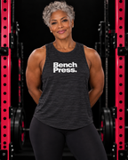 Bench Press. - Women's Flowy Scoop Muscle Tank, black-slub, front view, black gym and pink rack