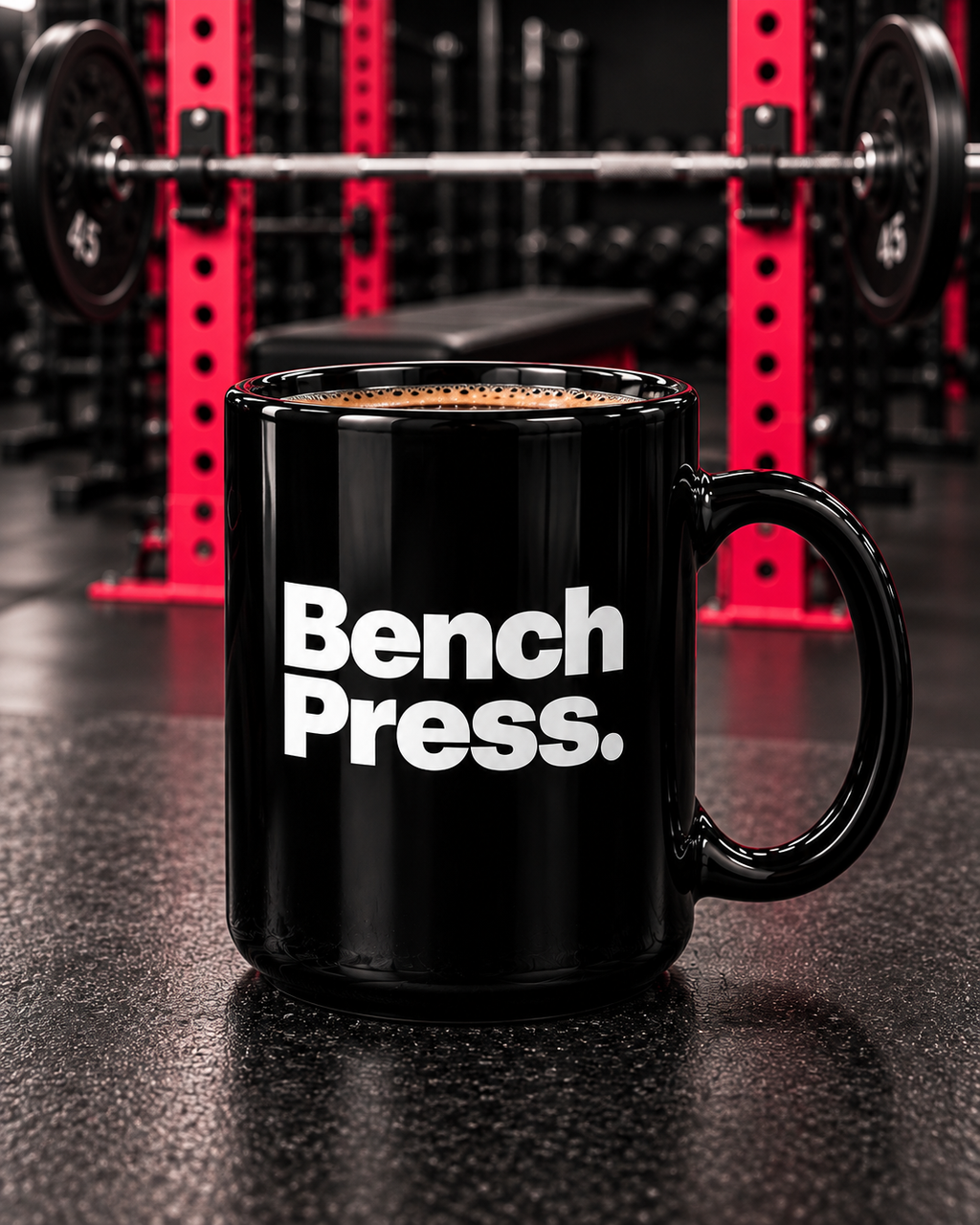 Bench Press. - Black Mug, 15oz — portrait product photo on a charcoal counter in the WWLW gym