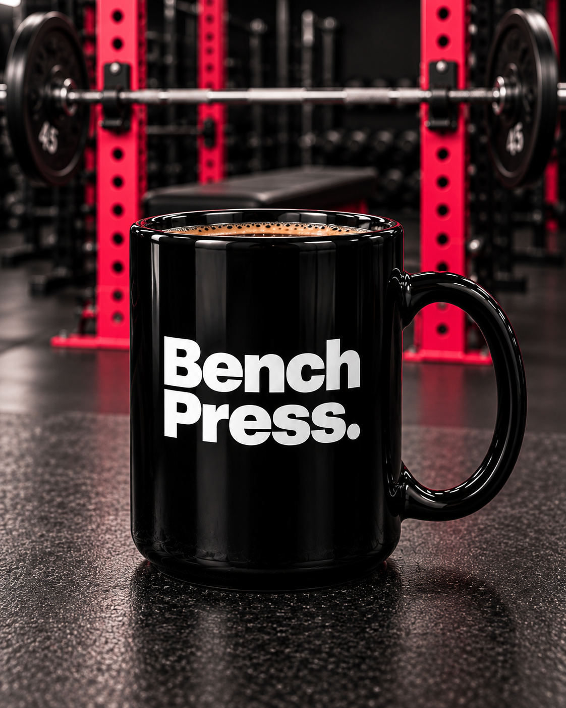 Bench Press. - Black Mug, 15oz — portrait product photo on a charcoal counter in the WWLW gym