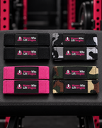 WWLW lifting straps in black, pink and two camouflage colourways, displayed without packaging.