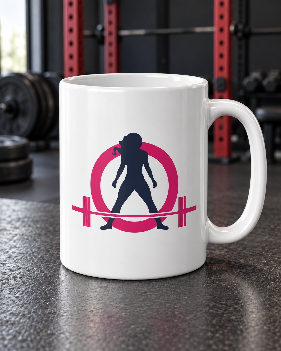 Jumbo Mug, 20oz - Classic Logo — portrait product photo on a charcoal counter in the WWLW gym