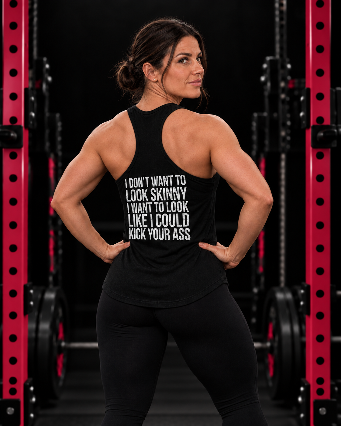 Kick Your Ass black racerback tank, white back print, athletic woman in the signature dark gym.