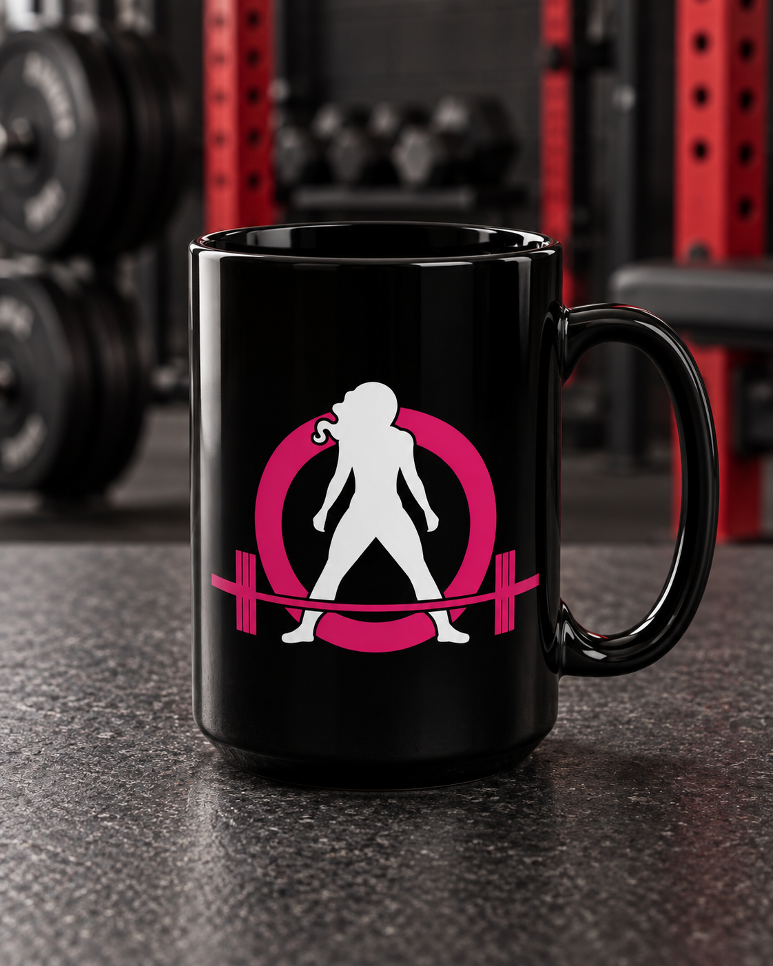 WWLW Black Mug, 15oz - Classic Logo — portrait product photo on a charcoal counter in the WWLW gym
