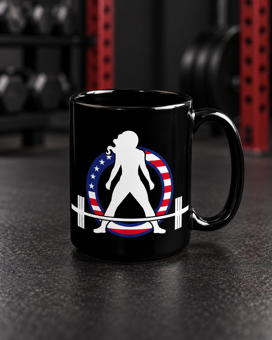 Black Mug, 15oz - USA Dark Logo — portrait product photo on a charcoal counter in the WWLW gym
