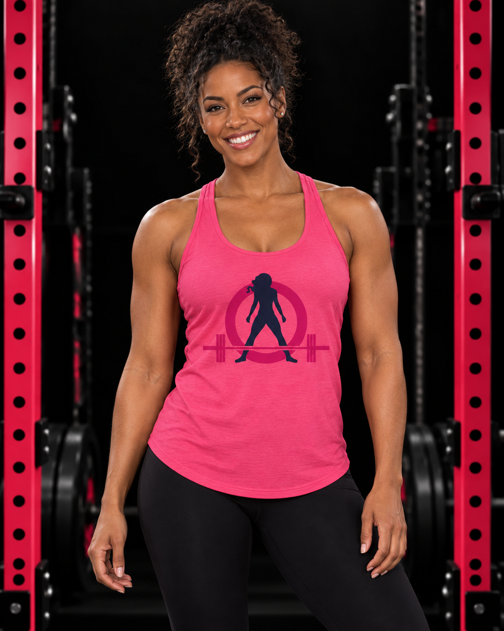 Women's Ideal Racerback Tank - Classic Logo Dark - Plain Back, hot-pink, front view in black gym with pink rack