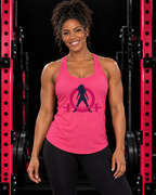 Women's Ideal Racerback Tank - Classic Logo Dark - Plain Back, hot-pink, front view in black gym with pink rack
