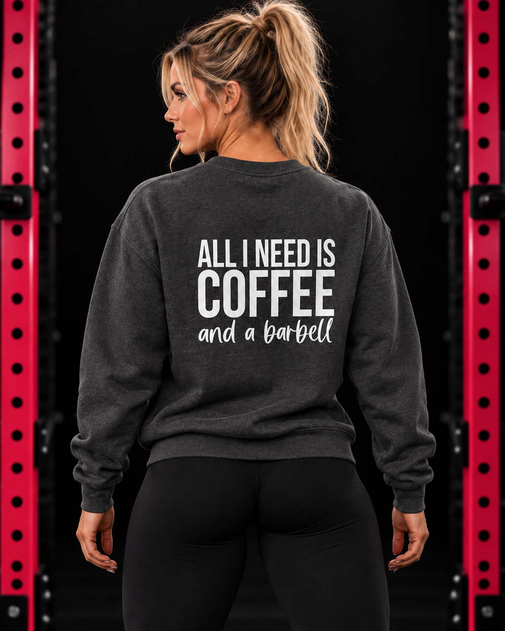 Coffee and a Barbell crewneck sweatshirt in Dark Heather, back print