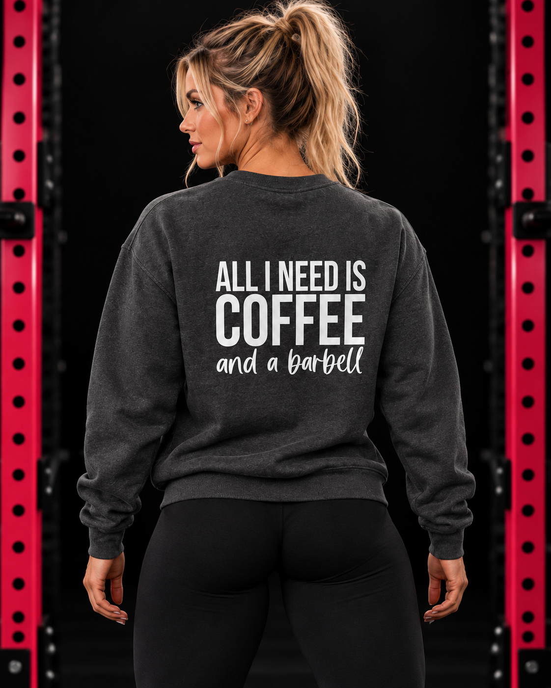 Coffee and a Barbell crewneck sweatshirt in Dark Heather, back print