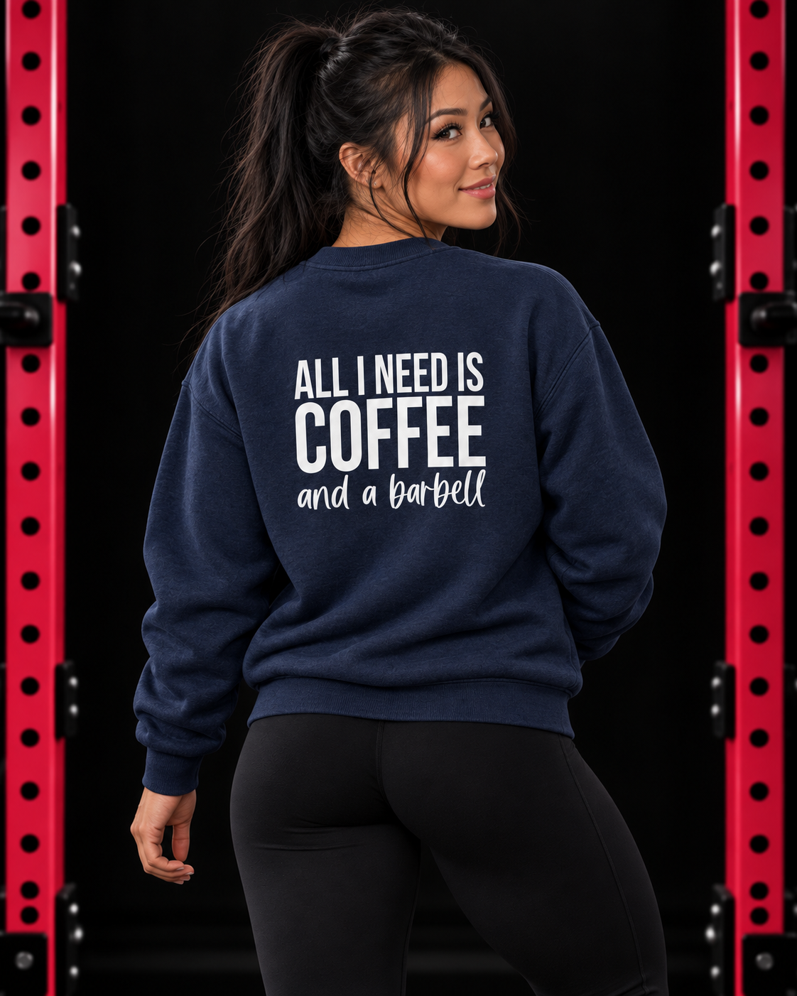 Coffee and a Barbell crewneck sweatshirt in Navy, back print
