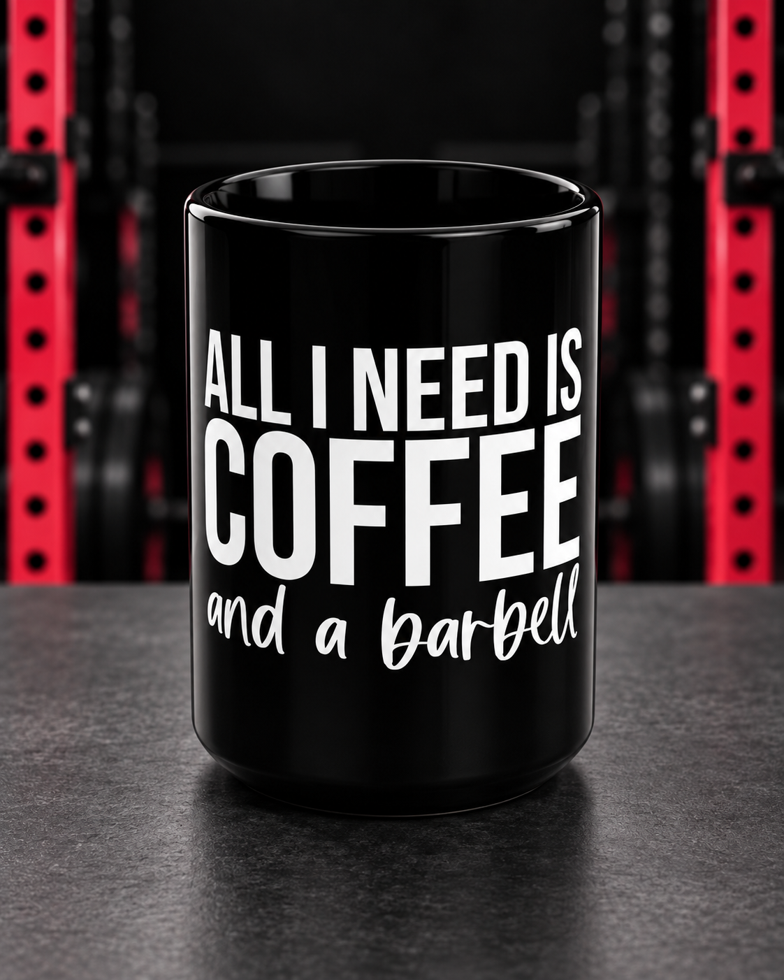 Black 15oz Coffee and a Barbell mug, white slogan and glossy ceramic detail