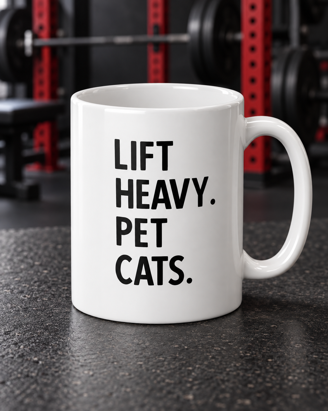 Lift Heavy Pet Cats - Jumbo Mug, 20oz - Black Logo — portrait product photo on a charcoal counter in the WWLW gym