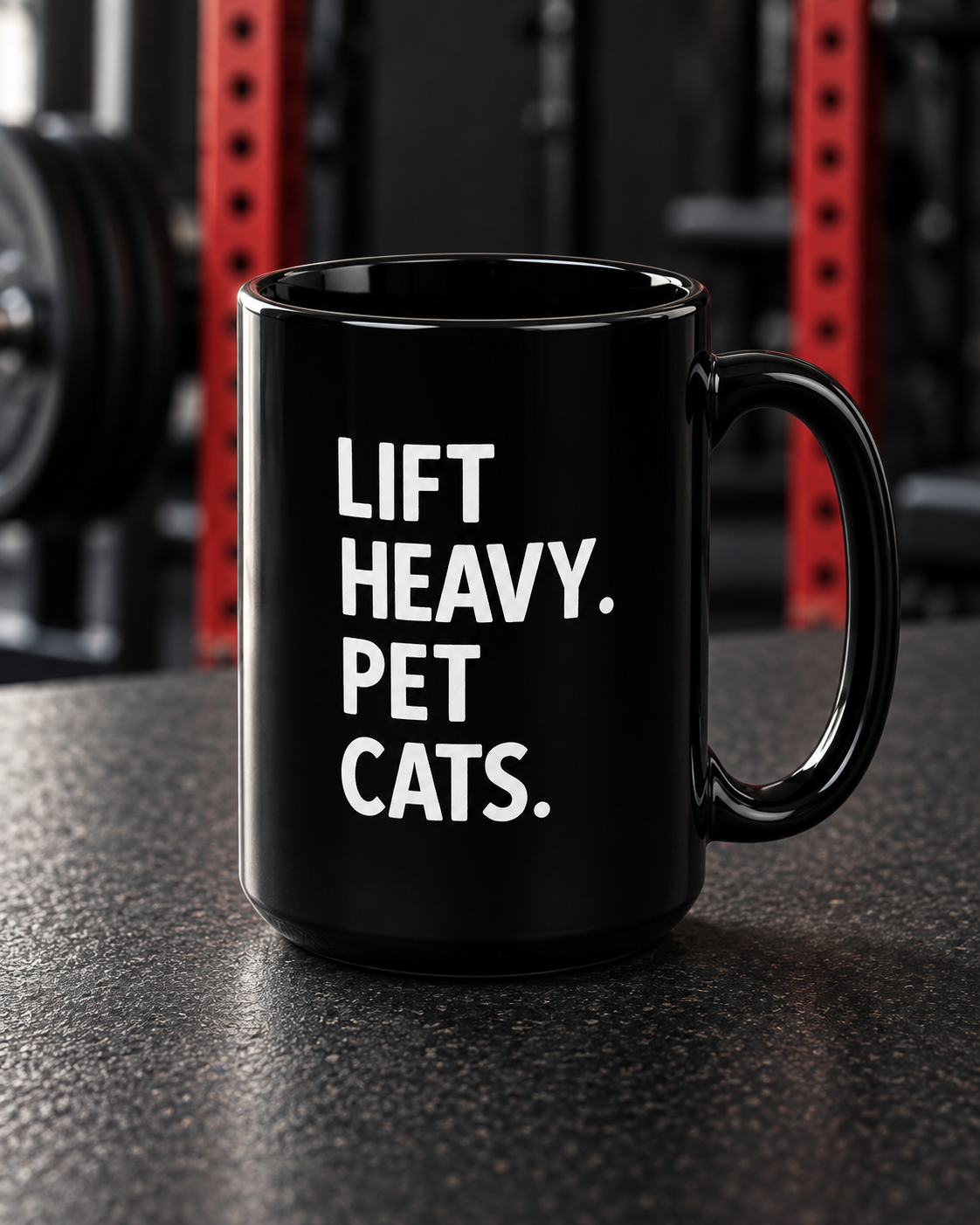 Lift Heavy Pet Cats - 15oz Mug — portrait product photo on a charcoal counter in the WWLW gym