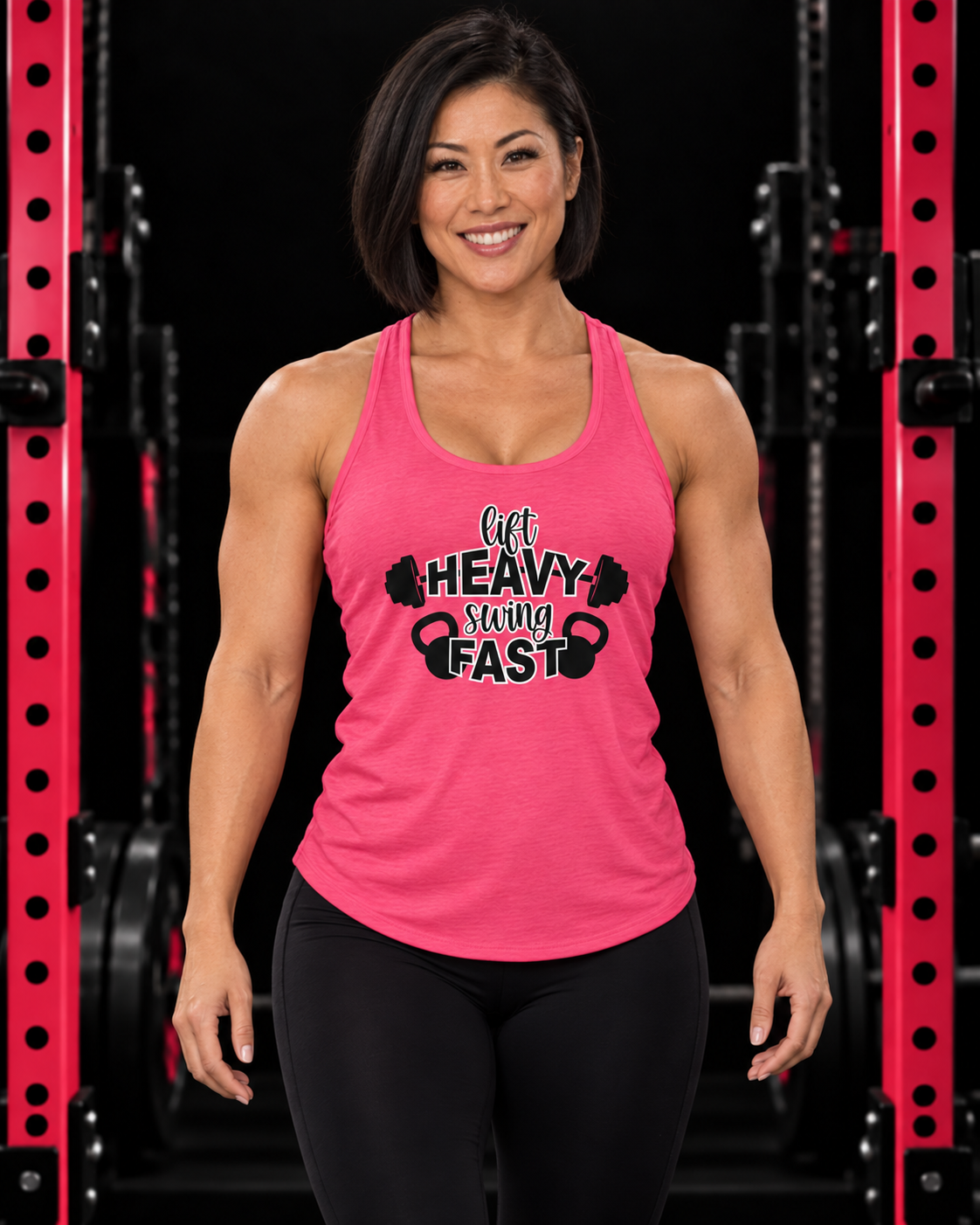 Lift Heavy Swing Fast - Women's Ideal Racerback Tank - Black Logo Front & Back — gym model hero