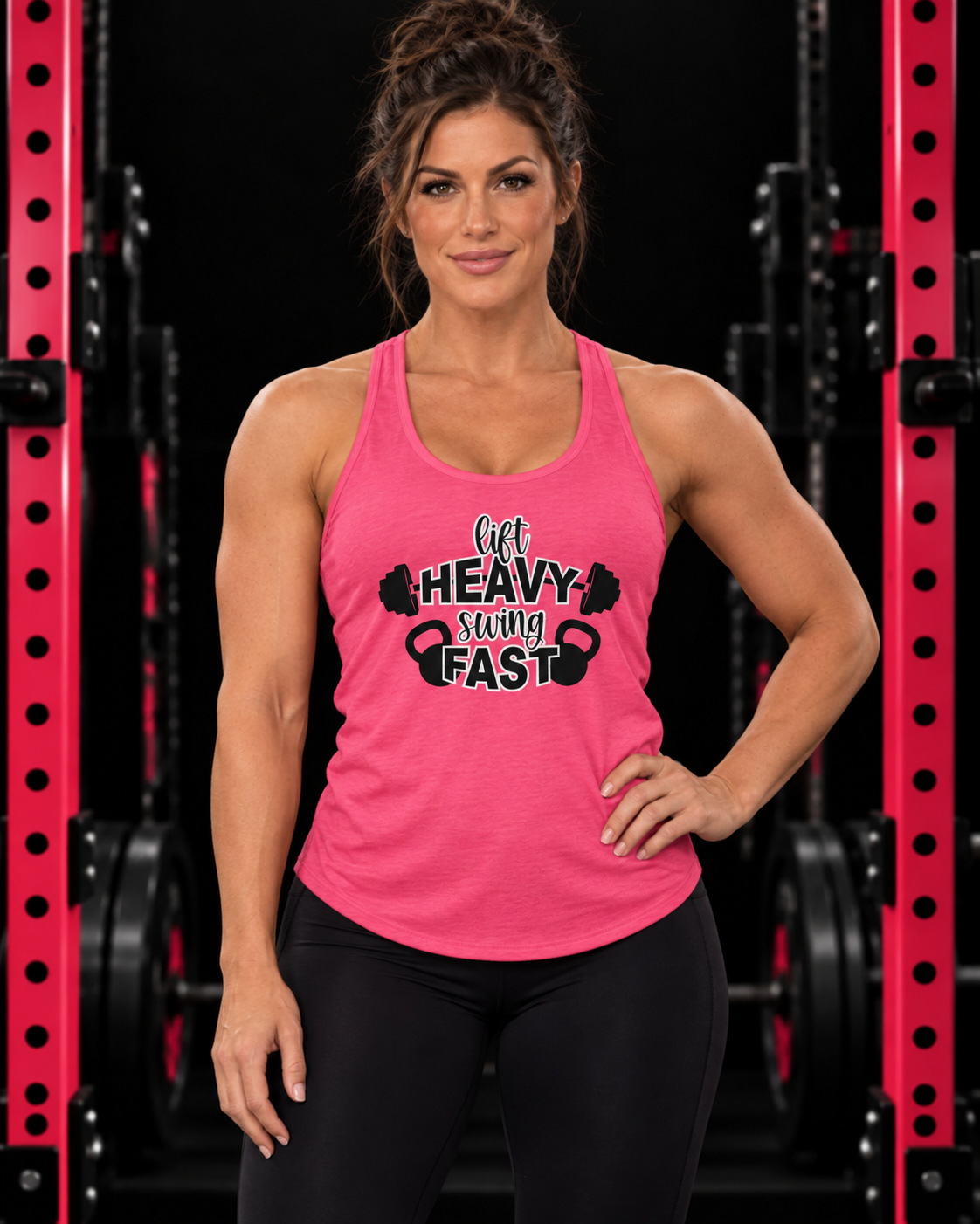 Lift Heavy Swing Fast racerback tank, hot pink, front view