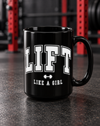Lift Like A Girl -15oz Mug — portrait product photo on a charcoal counter in the WWLW gym