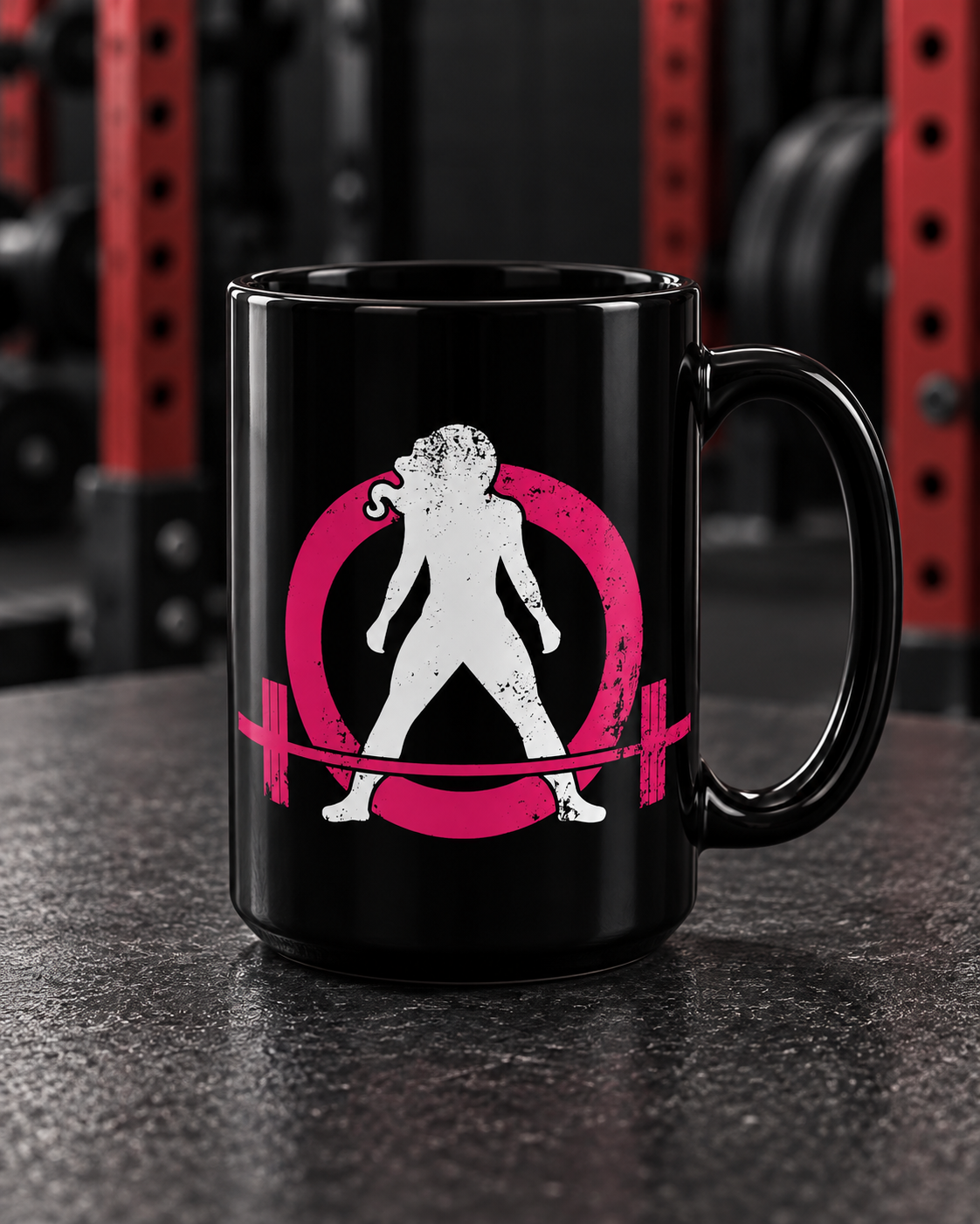 Distressed - Black Mug, 15oz - Color Logo — portrait product photo on a charcoal counter in the WWLW gym