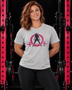 WWLW Distressed Logo Inverted - Unisex Softstyle T-Shirt - Plain Back (BEST SELLER), Sport Grey, front view on muscular woman in black gym with pink racks