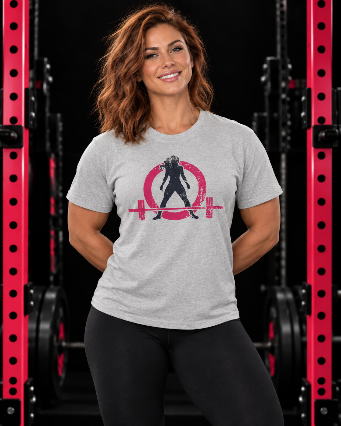 WWLW Distressed Logo Inverted - Unisex Softstyle T-Shirt - Plain Back (BEST SELLER), Sport Grey, front view on muscular woman in black gym with pink racks