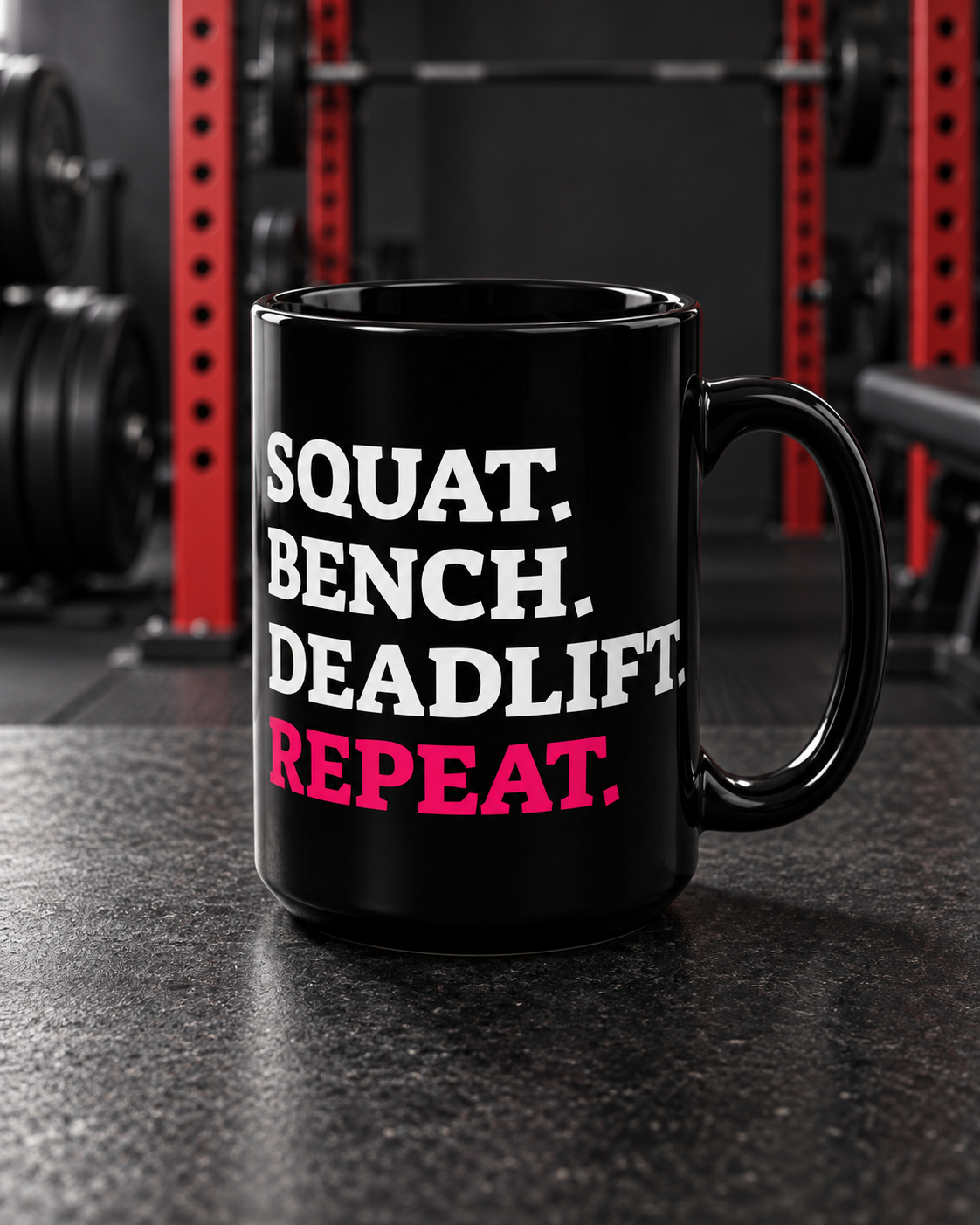 Squat Bench Deadlift Repeat - 15oz Mug - Black — portrait product photo on a charcoal counter in the WWLW gym