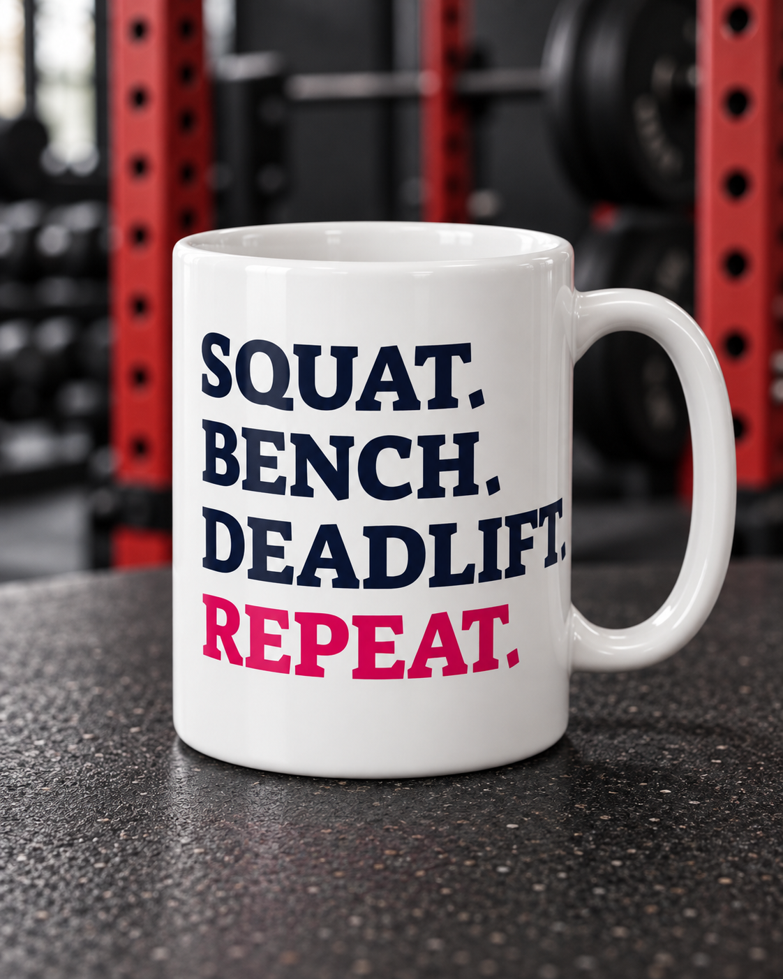 Squat Bench Deadlift - Jumbo Mug, 20oz — portrait product photo on a charcoal counter in the WWLW gym