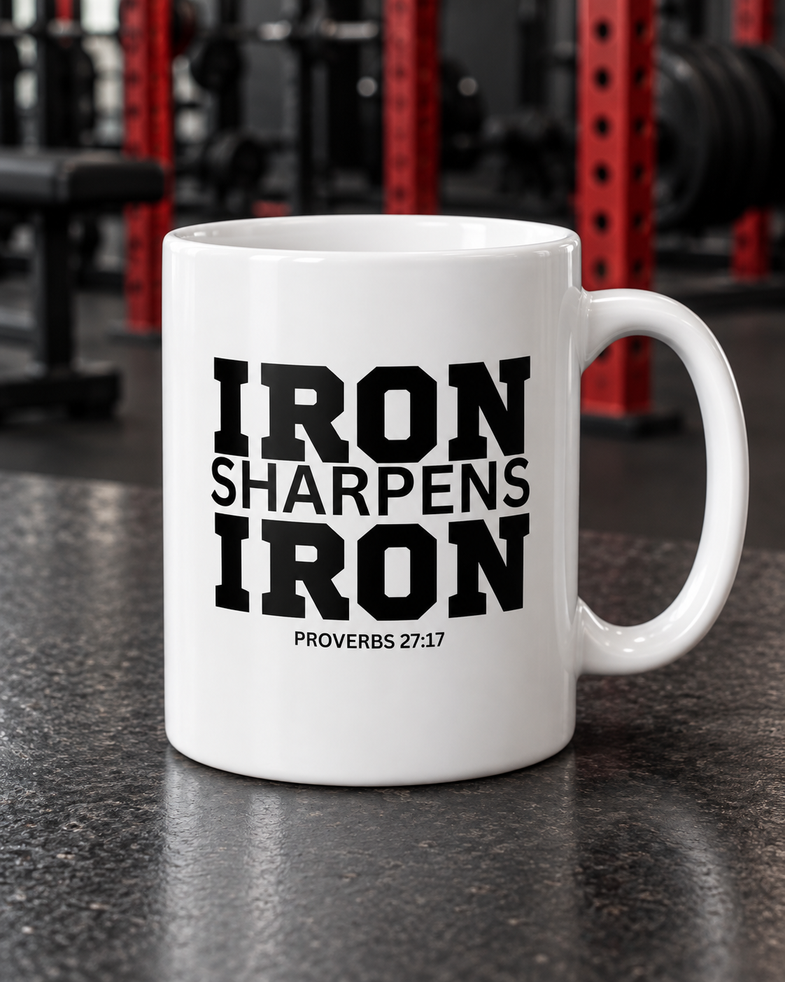 Iron Sharpens Iron. - Jumbo Mug, 20oz — portrait product photo on a charcoal counter in the WWLW gym