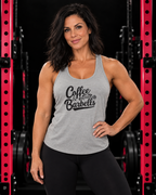 Coffee & Barbells - Women's Ideal Racerback Tank - Black Logo Plain Back, heather-grey, front view, black gym and pink rack