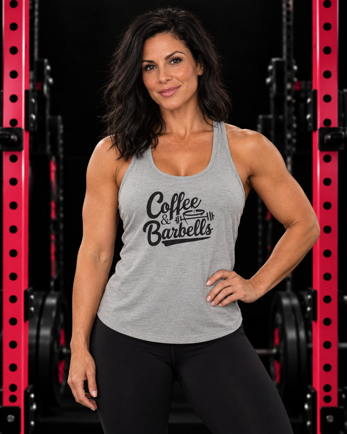 Coffee & Barbells - Women's Ideal Racerback Tank - Black Logo Plain Back, heather-grey, front view, black gym and pink rack