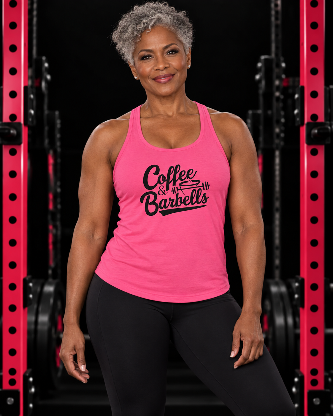 Coffee & Barbells - Women's Ideal Racerback Tank - Black Logo Plain Back, hot-pink, front view, black gym and pink rack