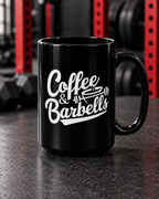 Coffee & Barbells -15oz Mug — portrait product photo on a charcoal counter in the WWLW gym