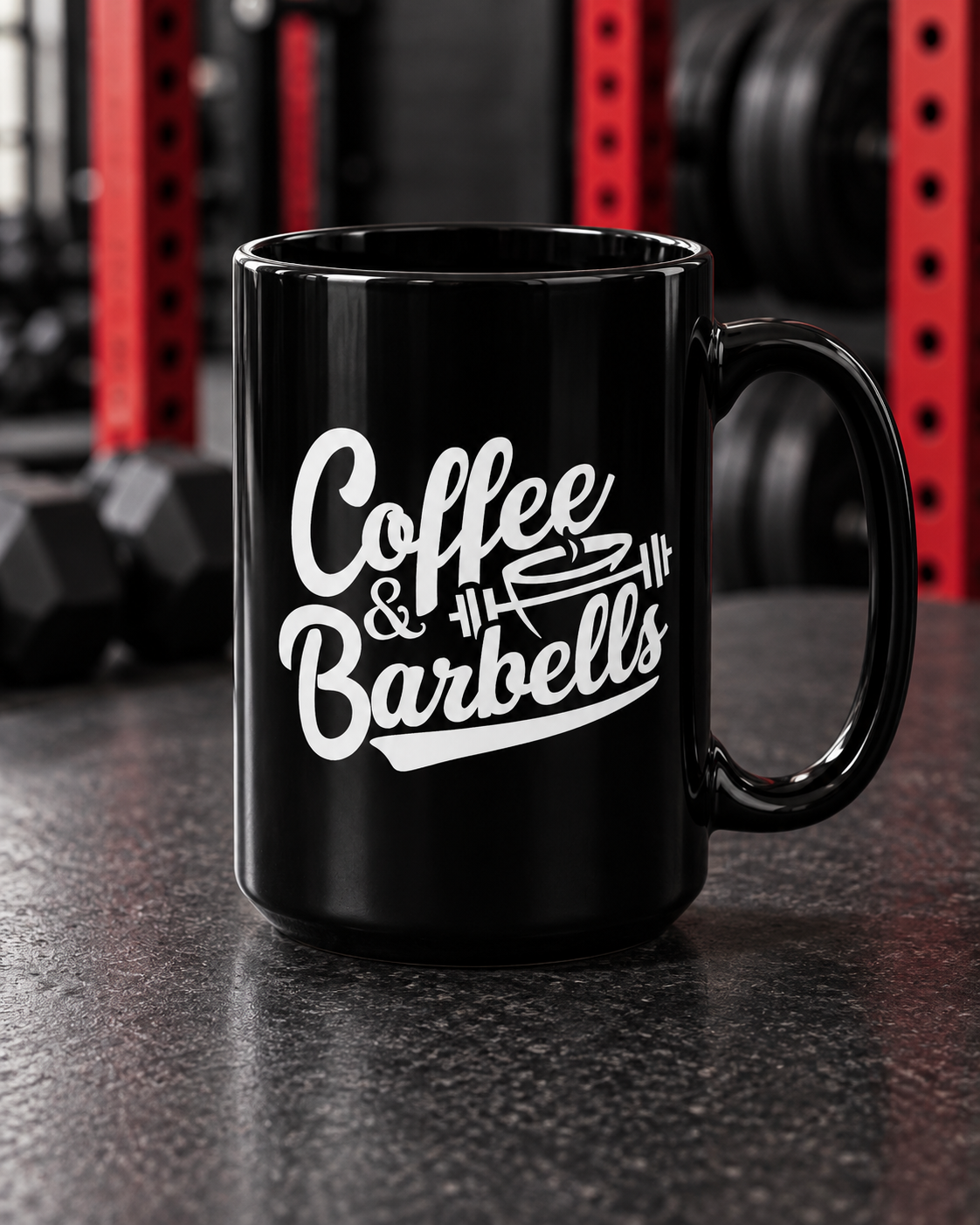 Coffee & Barbells -15oz Mug — portrait product photo on a charcoal counter in the WWLW gym