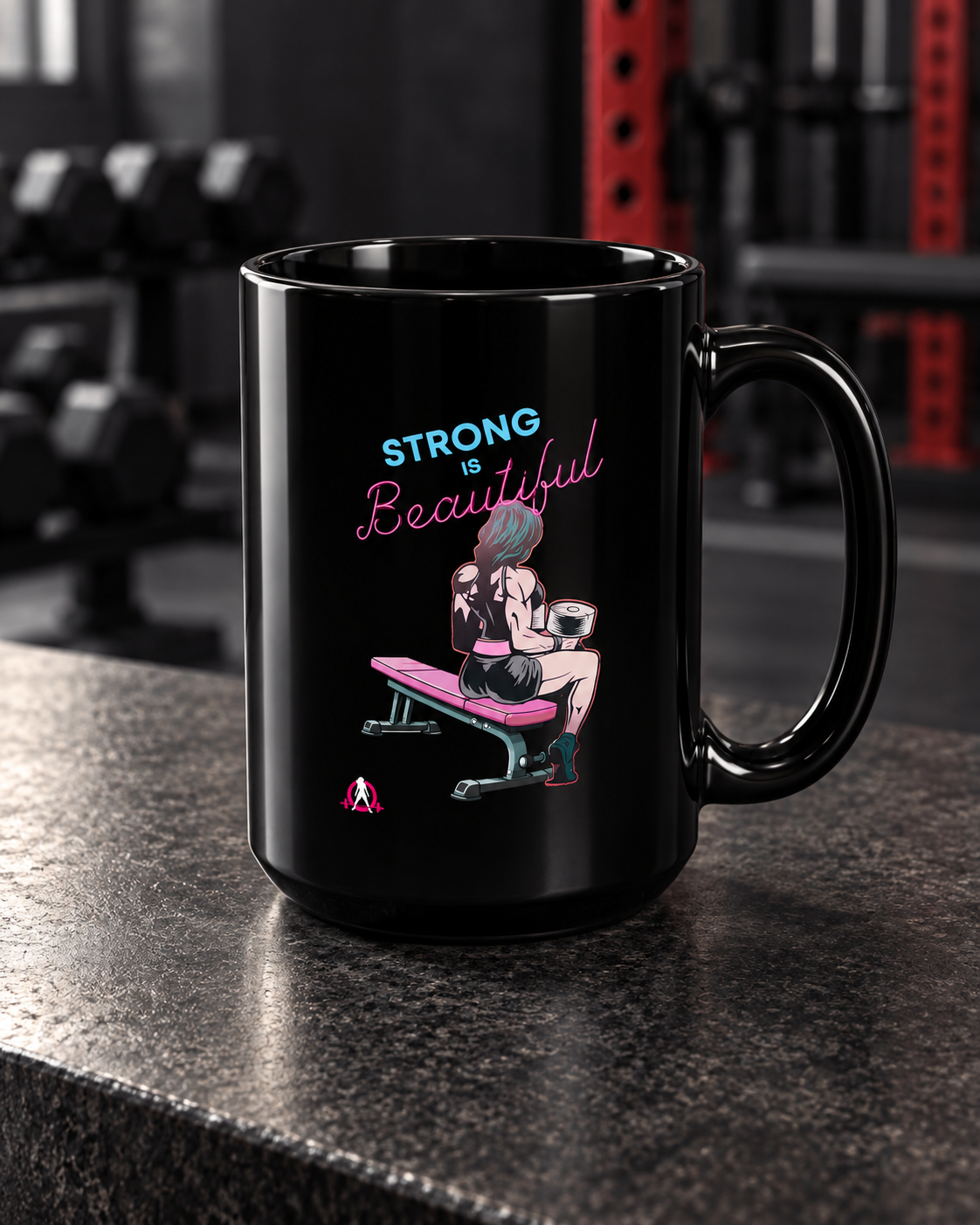 Strong Is Beautiful Comic -15oz Mug — portrait product photo on a charcoal counter in the WWLW gym
