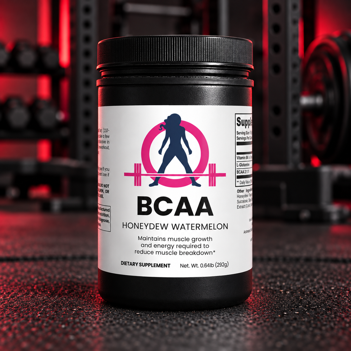 WWLW bcaa post workout powder honeydew watermelon with pink and navy WWLW logo in a black and red gym