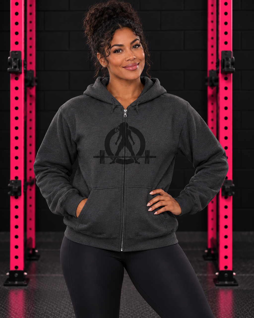 Woman wearing Dark Heather WWLW full zip hoodie with classic black logo
