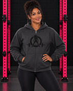 Woman wearing Dark Heather WWLW full zip hoodie with classic black logo
