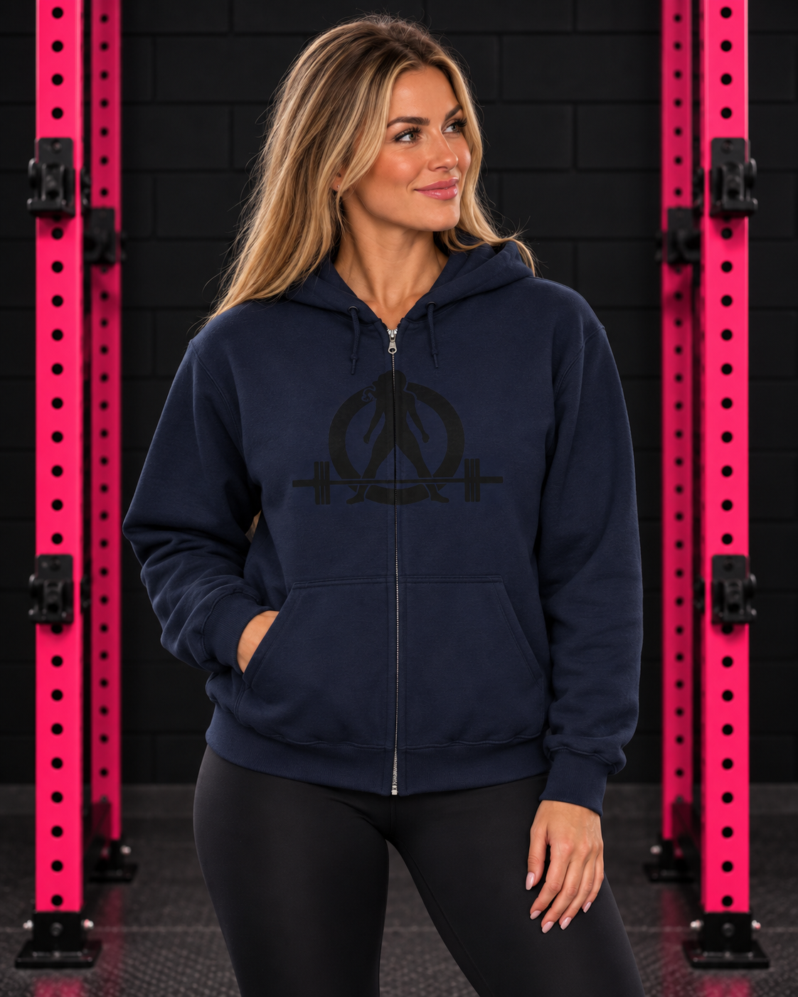 Woman wearing Navy WWLW full zip hoodie with classic black logo