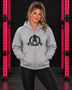 Woman wearing Sport Grey WWLW full zip hoodie with classic black logo