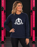 Woman wearing navy WWLW white logo classic long-sleeve T-shirt in pink-rack gym