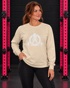 Woman wearing sand WWLW white logo classic long-sleeve T-shirt in pink-rack gym