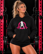 WWLW black hoodie with pink and white distressed logo, modeled in a pink and black gym