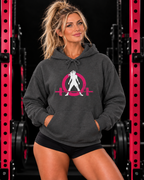 WWLW dark heather hoodie with pink and white distressed logo, modeled in a pink and black gym