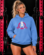 WWLW carolina blue hoodie with pink and white distressed logo, modeled in a pink and black gym