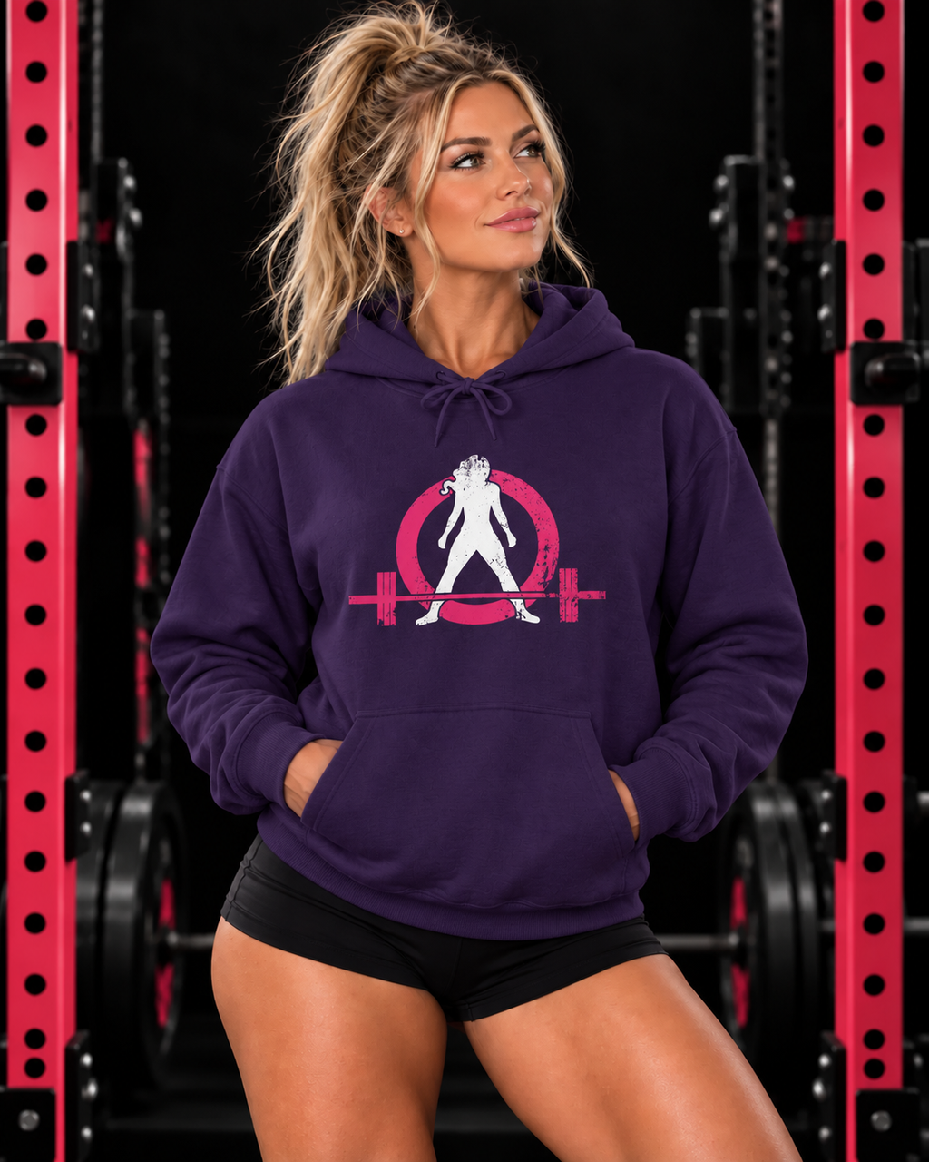WWLW purple hoodie with pink and white distressed logo, modeled in a pink and black gym