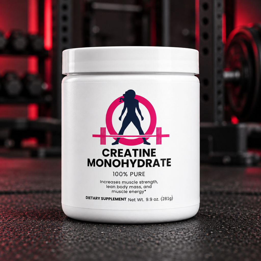 WWLW Creatine Monohydrate 281g with pink and navy WWLW logo in a black and red gym