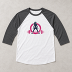 White and asphalt WWLW 3/4 sleeve baseball tee with distressed color front logo — styled flat lay