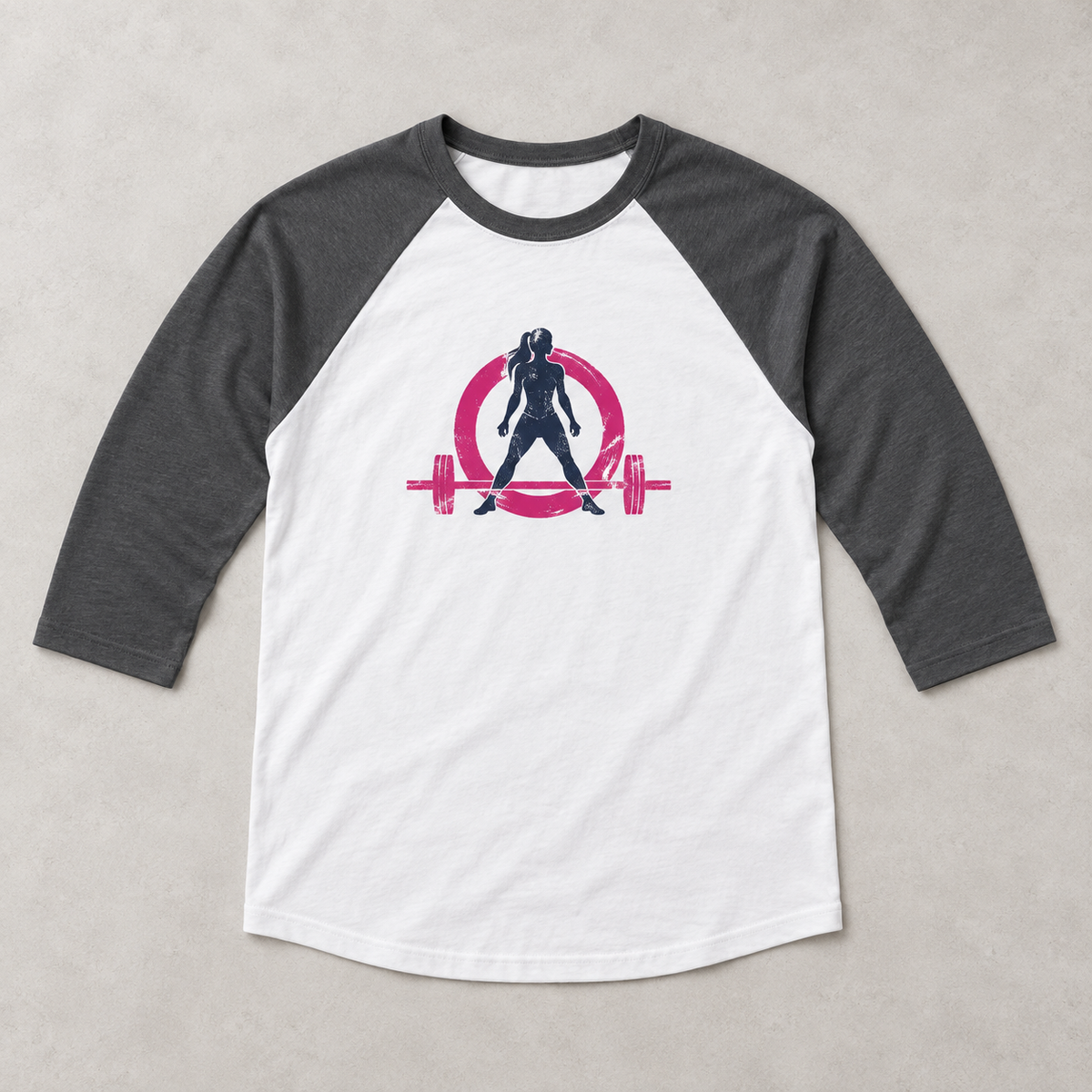 White and asphalt WWLW 3/4 sleeve baseball tee with distressed color front logo — styled flat lay