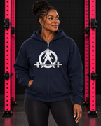 Woman wearing navy Women Who Lift Weights full-zip hoodie with distressed white logo in black and pink gym