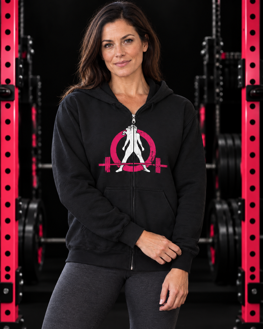 Woman wearing a black WWLW full-zip hoodie with distressed pink and white logo, in a dark gym with pink squat racks
