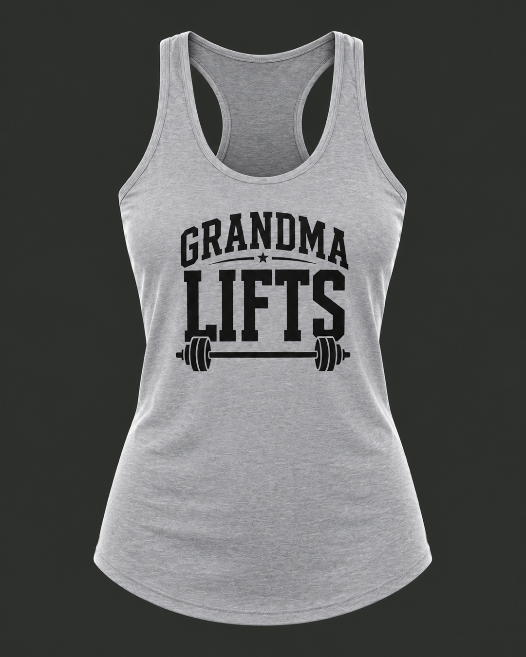 Grandma Lifts heather grey racerback tank, black front logo, flat lay
