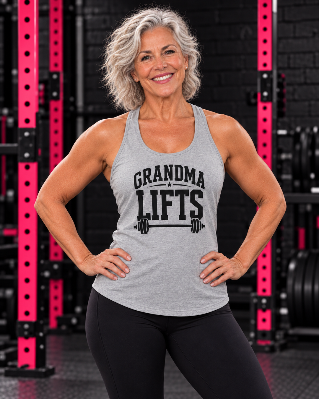 Grandma Lifts heather grey racerback tank, black front logo on model in black gym with pink racks