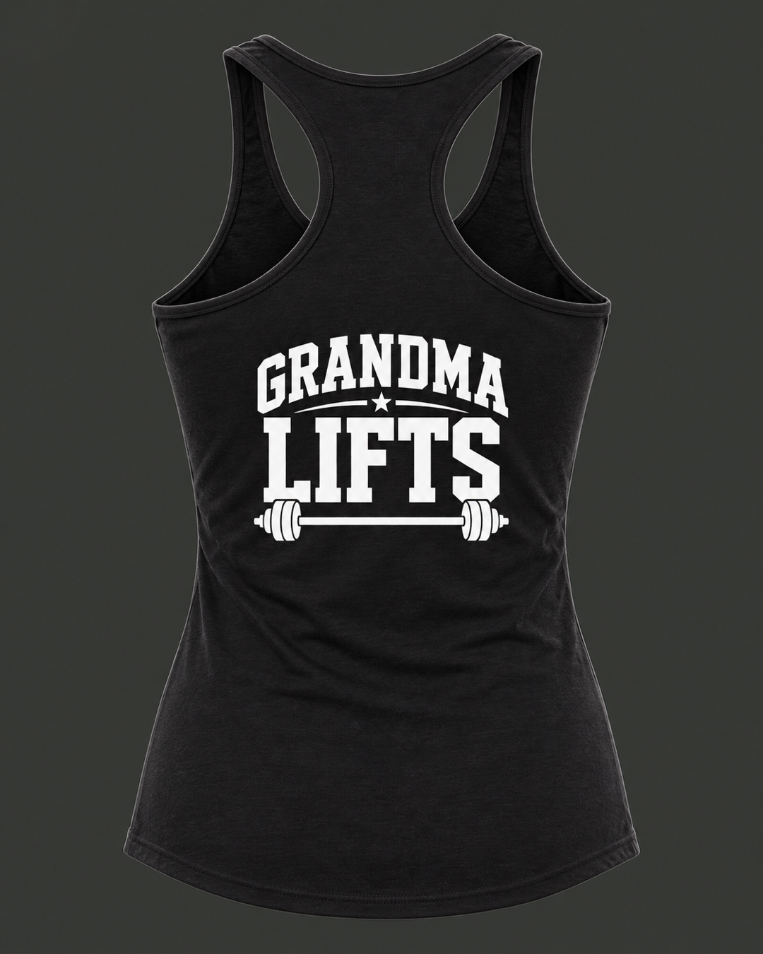 Grandma Lifts black racerback tank, white back logo, flat lay